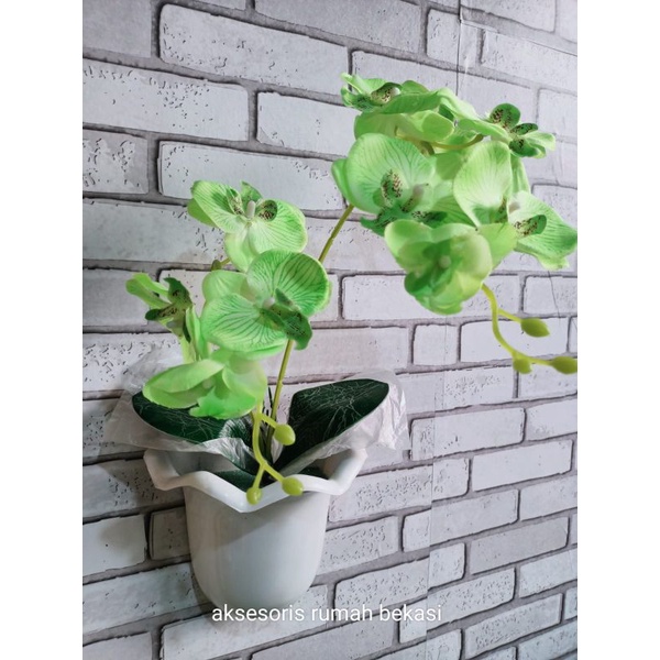 Set Bunga Plastik Anggrek 2 Cabang Besar Dengan Pot Dinding Ombak