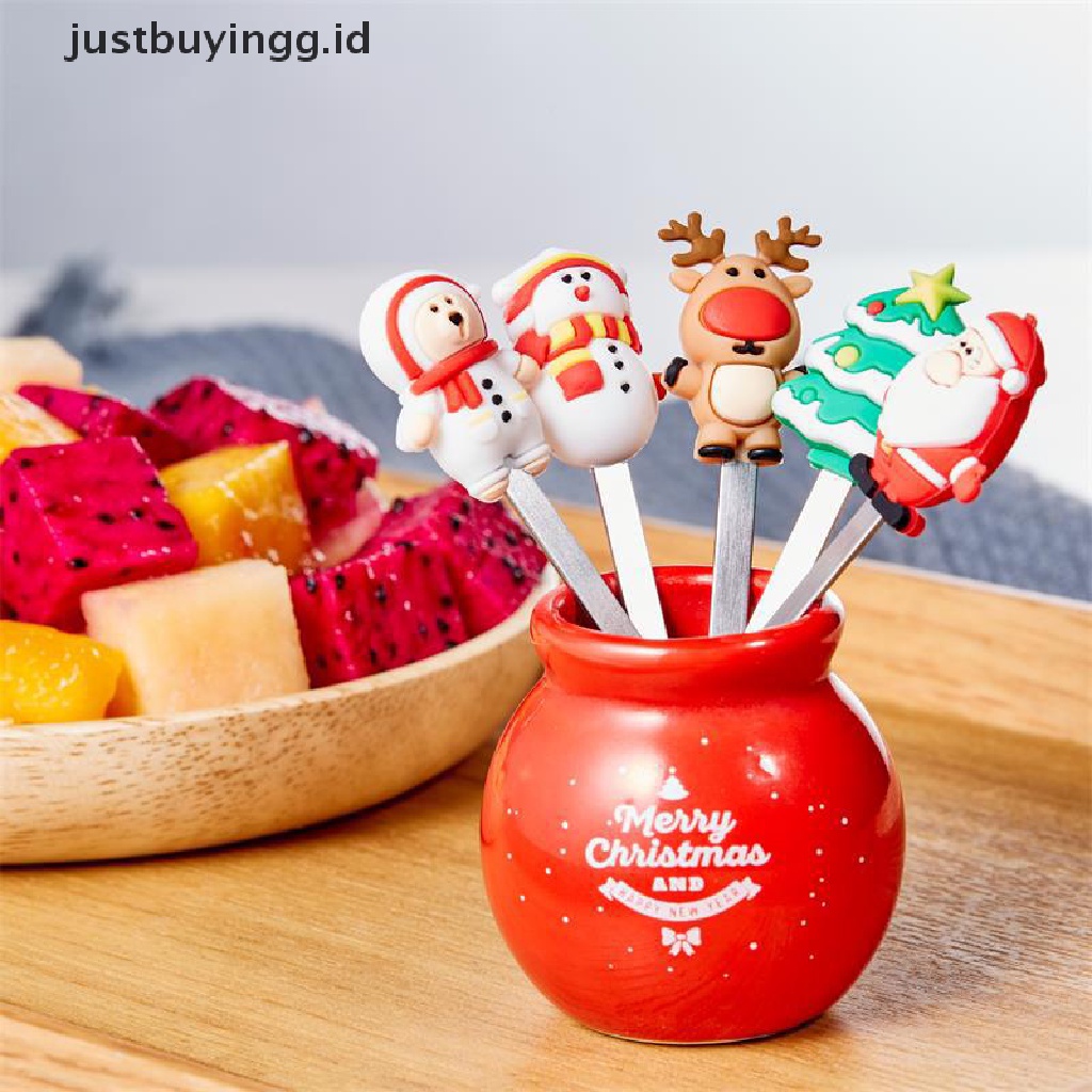 5pcs / Set Garpu Buah Salad Sayuran Desain Kartun Santa Claus Natal Bahan Stainless Steel