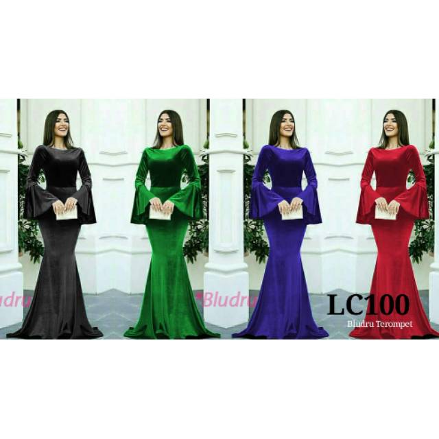 Long Dress duyung Bludru LC100 Gamis bludru dress 100 lengan terompet gaun panjang pesta berhijab