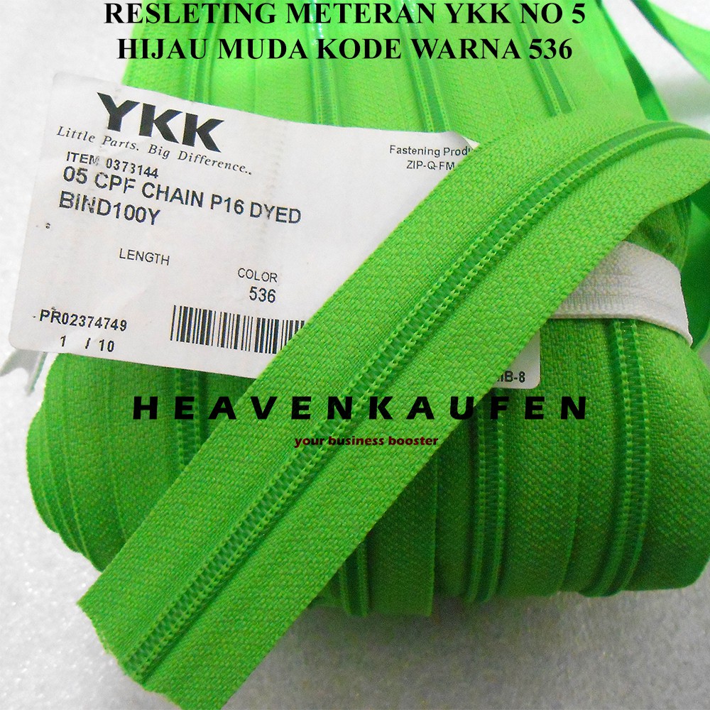 Resleting / Zipper YKK No 5 Warna Hijau Muda Kode Warna 536 Meteran Murah