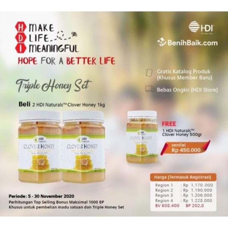 PROMO Triple Honey set HDI  madu clover 1kg dapat 2, free 500gr madu clover honey