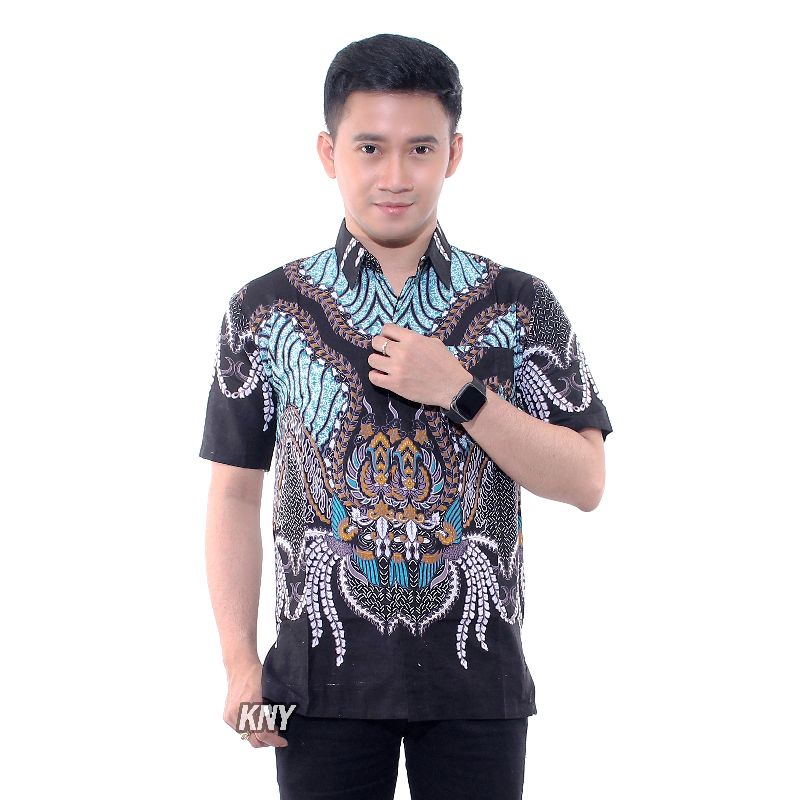 merak toska hem batik pria lengan pendek ukuran reguler M L XL-Hem Madu