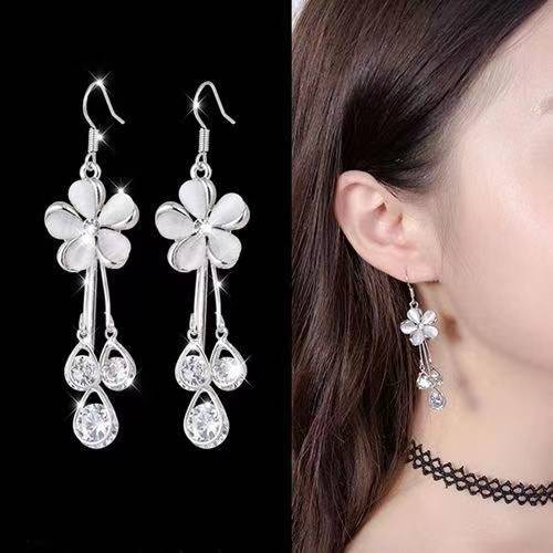 Fashion Wanita Bunga Faux Pearl Panjang Rumbai Menjuntai Anting