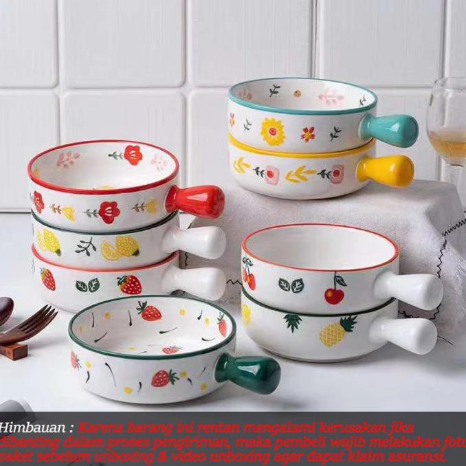 Mangkok Piring Keramik Korea Unik Lucu Korean Ceramic Bowl Motif Bunga - Merah