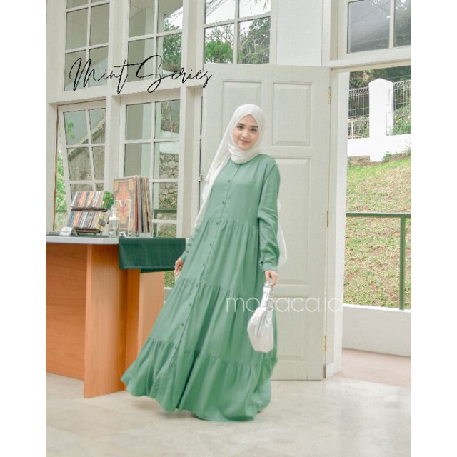 Gamis polos premium Babydoll Lady Dress Rayon Twill Full Kancing busui soft mint hijau pastel adem