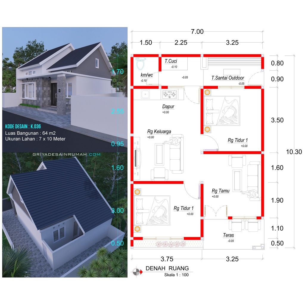 Desain Rumah 1 Lantai Type 64 Lebar 7x10 Meter 2 Kamar Tidur Minimalis