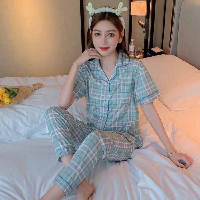 Baju tidur wanita / Piyama Cp baju tidur wanita krah pendek import kotak freesize-CP.K KOTAK HIJAU