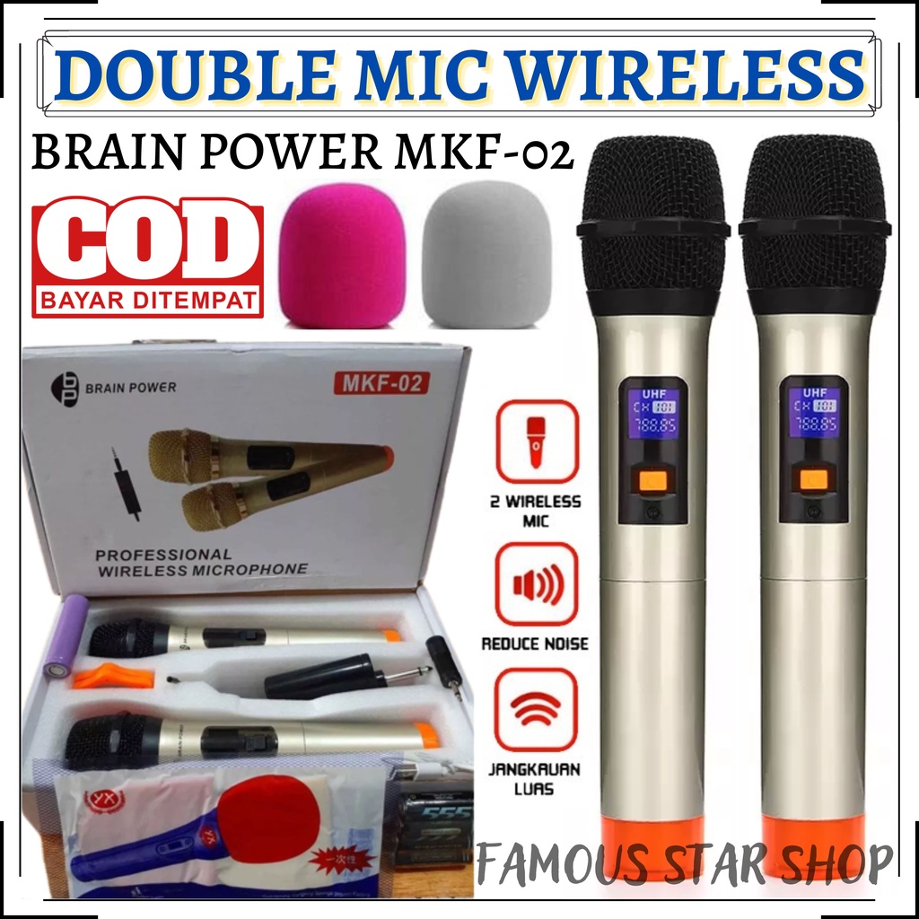 Double Mic Profesional Wireless Microphone mic tanpa kabel brain power mkf 02 (isi 2) ~ Bisa COD | FMS