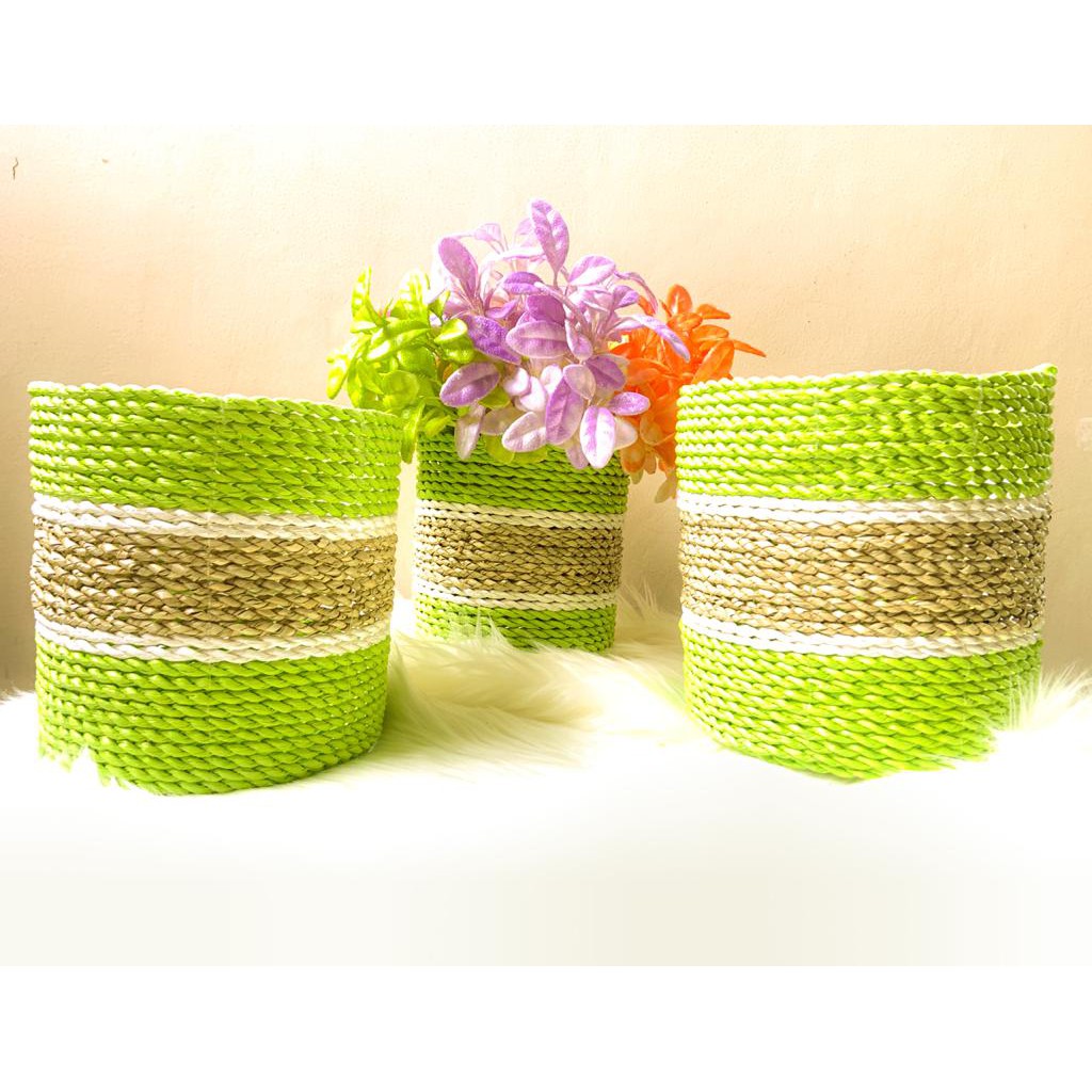 [TERLENGKAP ISI 3 PCS] Keranjang Anyaman Bulat/Keranjang Seagrass/Cover Pot Anyaman/Mini Loly