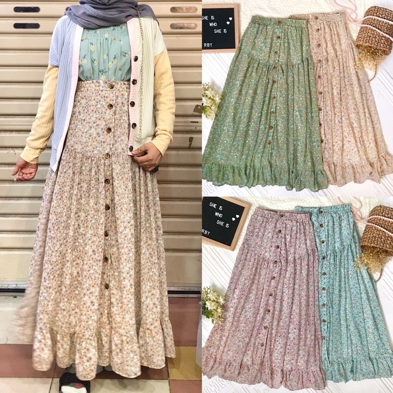 Carissa Cerutty Chifon Skirt/ Rok panjang korea wanita sifon ceruti lebar kerut kancing motif bunga 