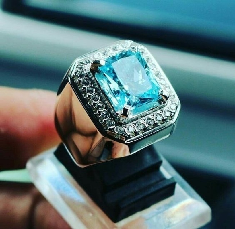 Cincin Berlian Aquamarine Platinum Pria Fashion Perhiasan Kawin Kristal Baja Titanium Perak Rings