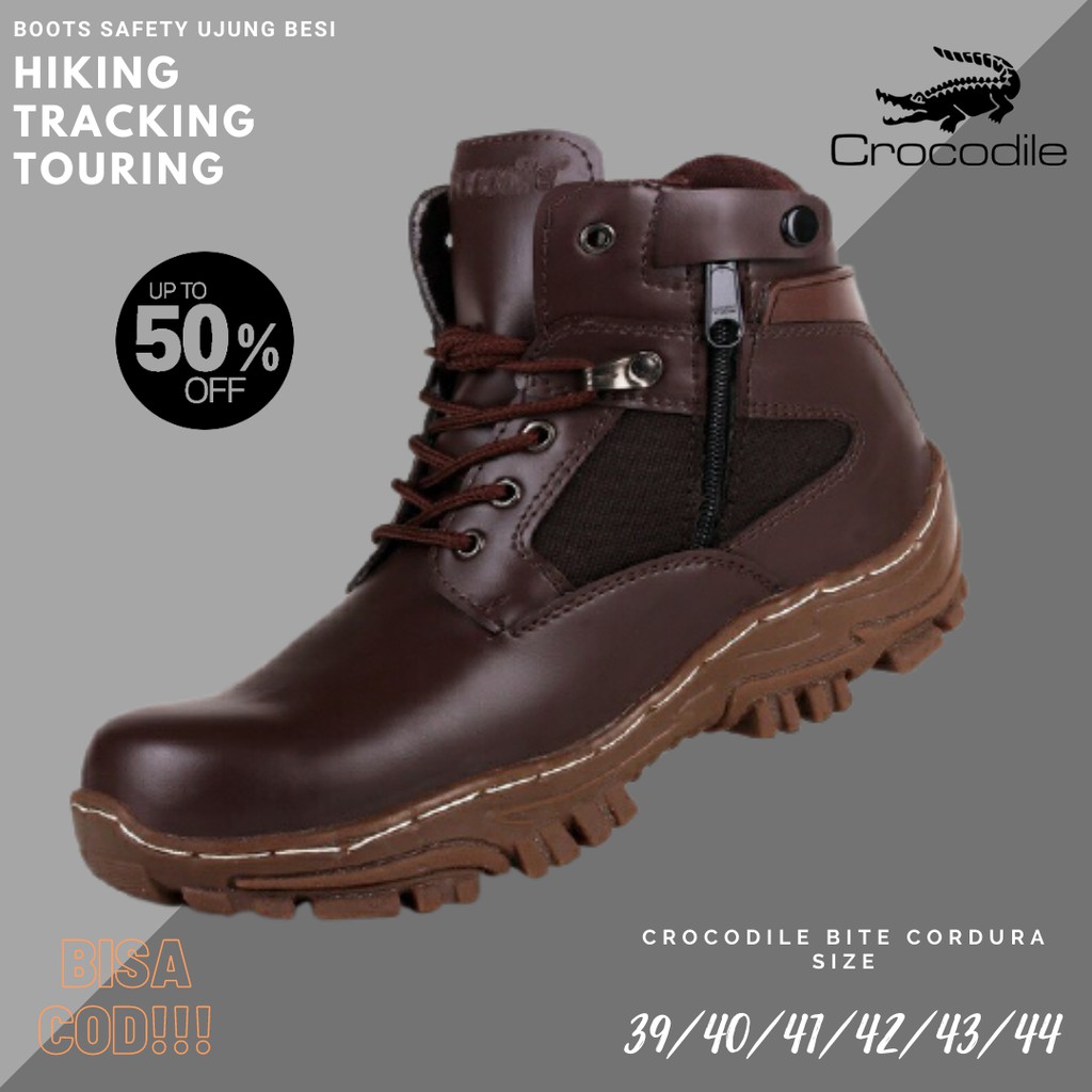 PROMO COD Sepatu Sefty Pria Crocodile Bite Cordura Coklat Boots Safety Ujung Besi Kerja Outdoor Laki