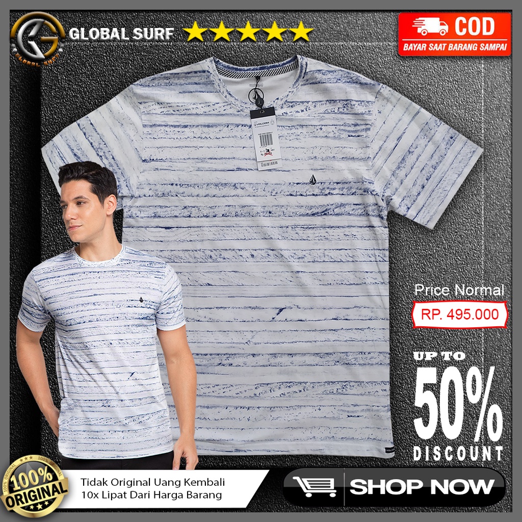 Kaos Putih Polos Volcom Original Motif Print Depan Bordir Logo Kecil Baju Kasual Pria Reguler Fit