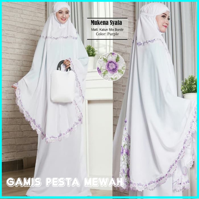 MUKENA SHOLAT PUTIH TERBARU SYAFA MUKENA WANITA TERBARU BORDIR UNGU FREE TAS CANTIK