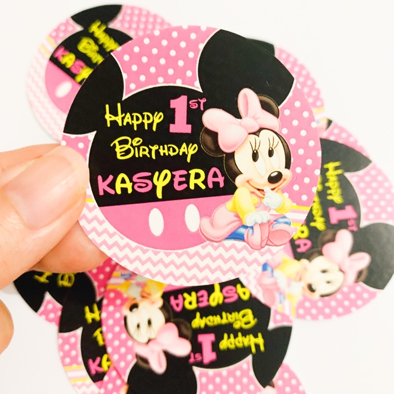 

Minnie Baby Sticker Pudding / Souvenir / Hampers / Sticker Birthday / Ulang Tahun