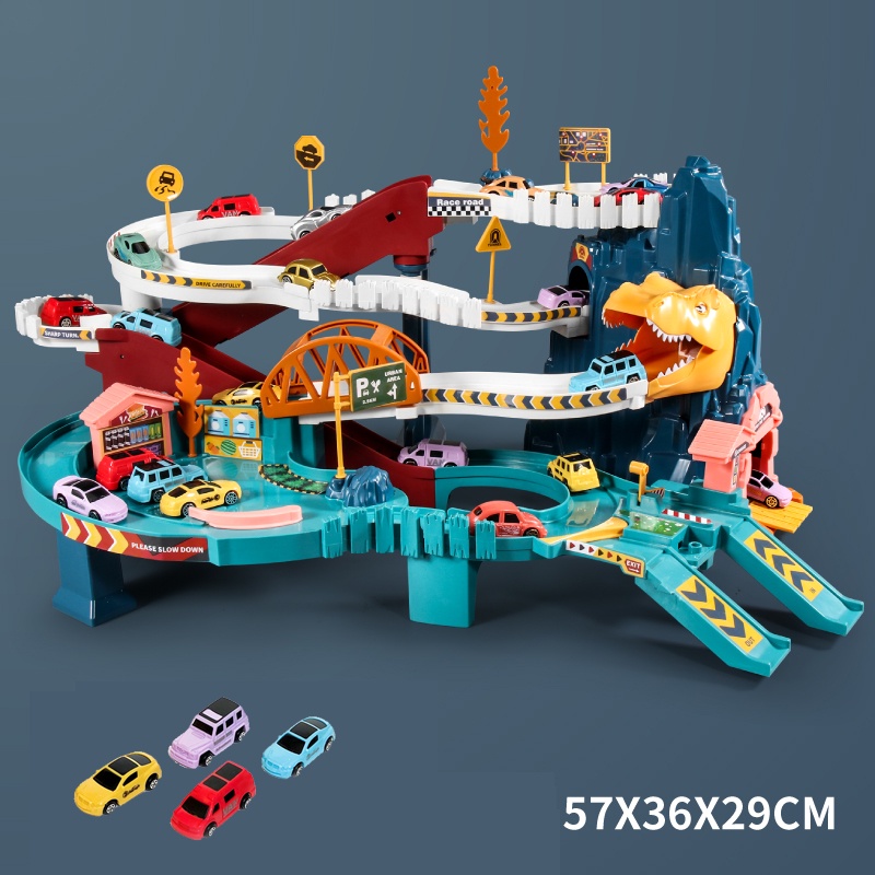 Dinosaur Rail Car Mainan Anak Mobil mobilan dino rail 4 mobil Lampu music Parking Lot Lion Mountain