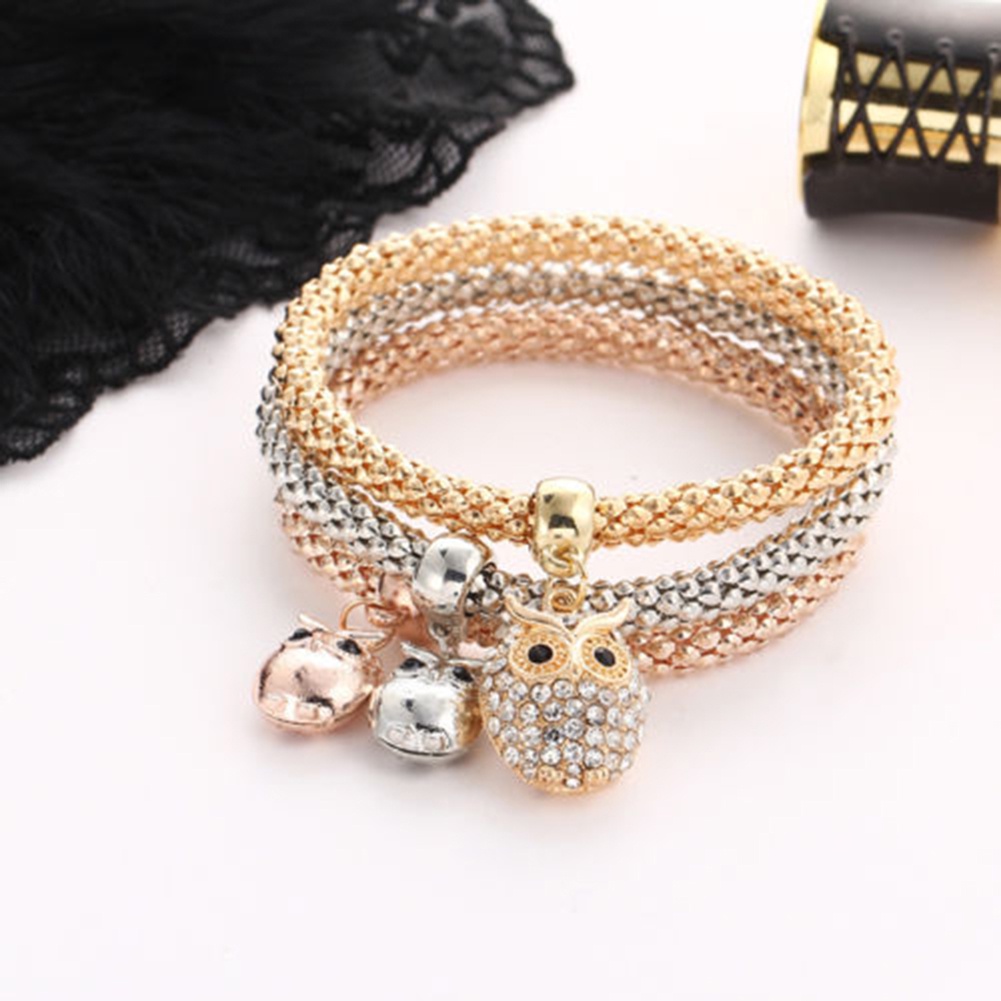 Hu Hu Hu Hu Hu Alat Bantu Pasang Kacamata♡ 3pcs / Set Gelang Liontin Pohon Burung Hantu Aksen Berlian Imitasi Untuk Wanita