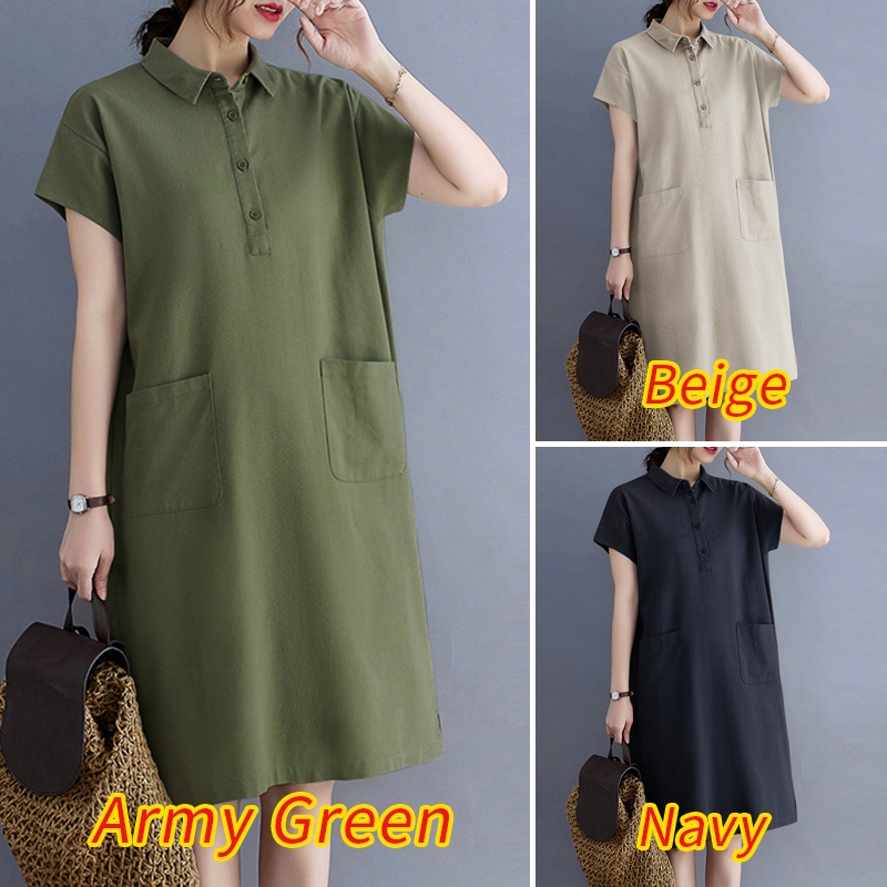 ZANZEA Women ront Pockets Short Sleeve Turn-Down-Collar Solid Color Midi Dress