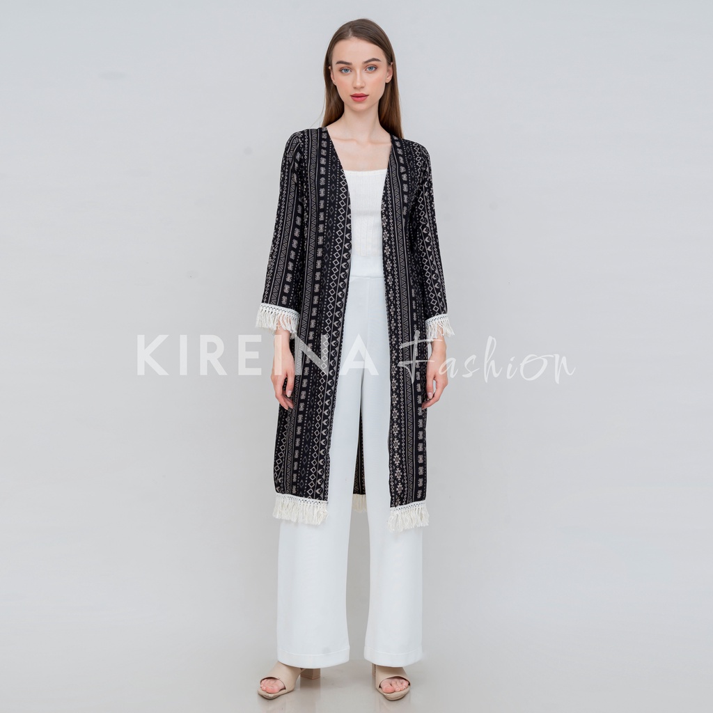 Cardigan Rumbai Putih Etnik Cardigan Bohemian Panjang Wanita | Kireina Fashion