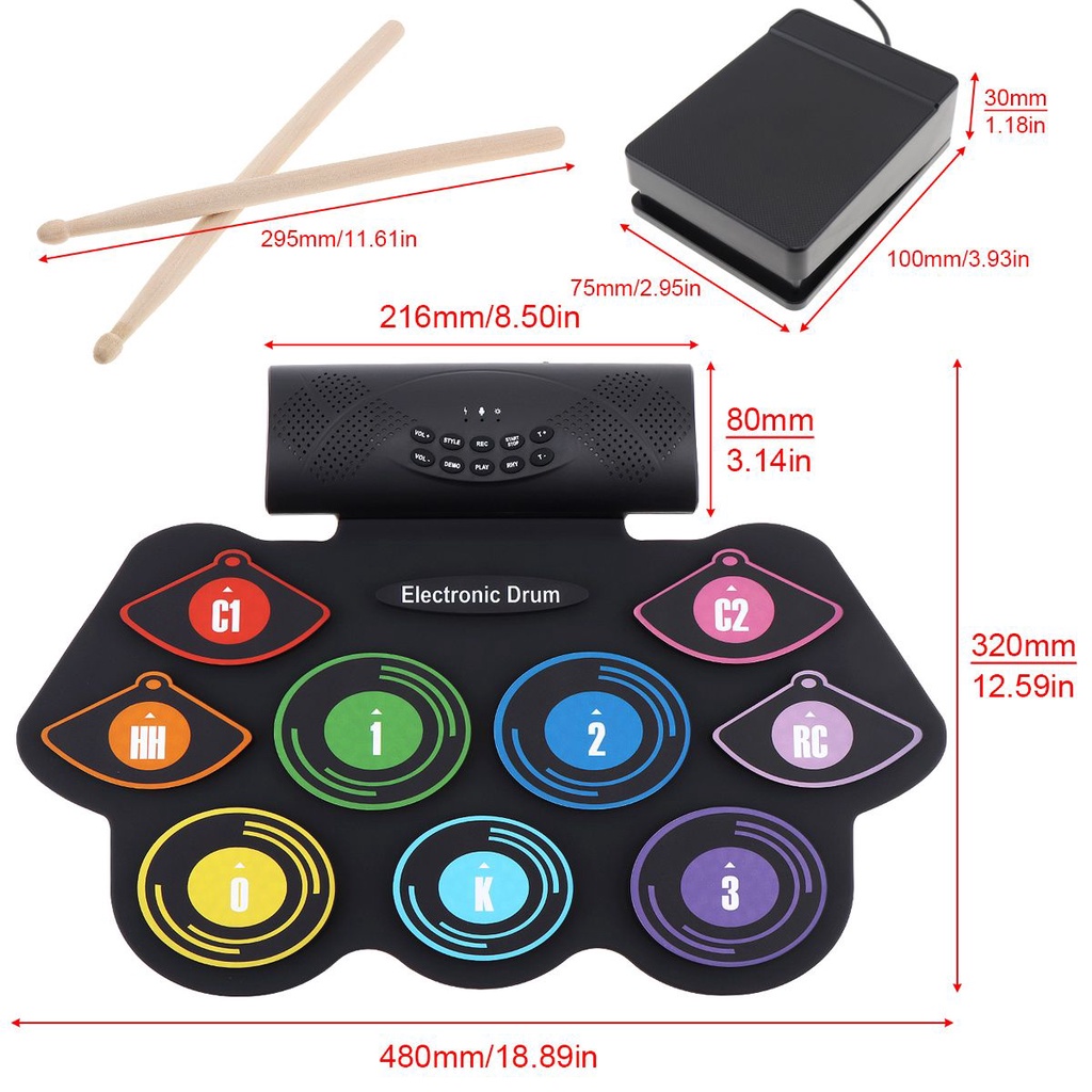 9 Pad Drum Elektronik Bahan Silikon Warna Pelangi Dengan Pedal Kabel USB MIDI