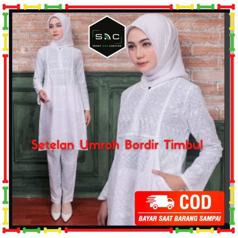 Stelan Tunik Putih Polos dan Celana Panjang Cewek Katun Jepang Bordir Renda Premium Busui Umroh