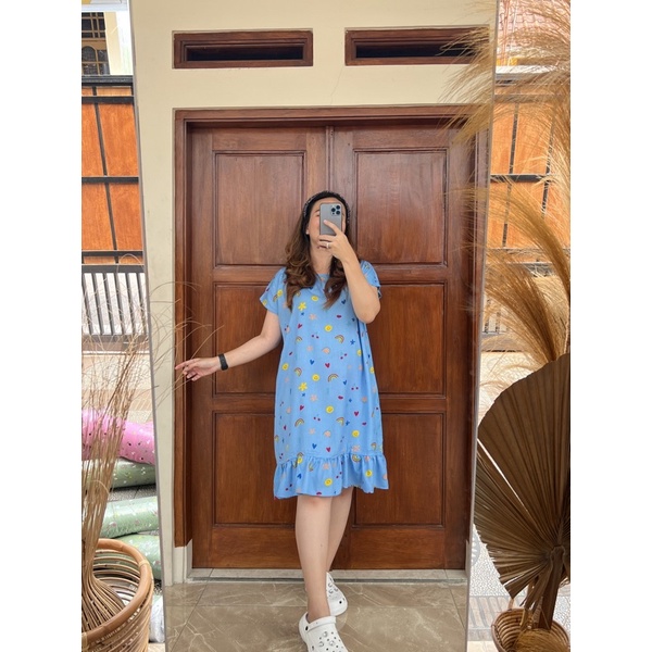Daster Viral | Daster Ruffle Rayon | Daster Kekinian-Pelangi biru
