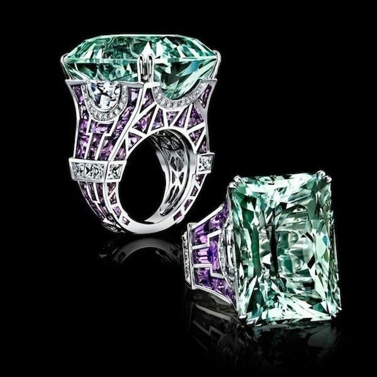 Cincin Wanita Bahan Silver 20CT Hias Emerald Hijau untuk Cocktail/Pesta