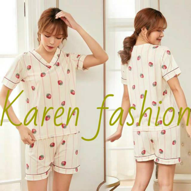 Baju tidur piyama kaos setelan pendek wanita cewek import LEHER V STRAWBERRY