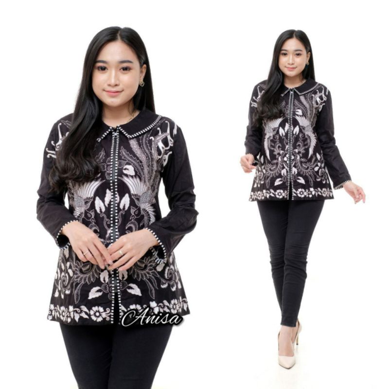 M-L-XL-XXL ATASAN BATIK WANITA MODERN ASJ SA HRB026 MONALISA GENES BLOUSE-BZK Merak Hitam