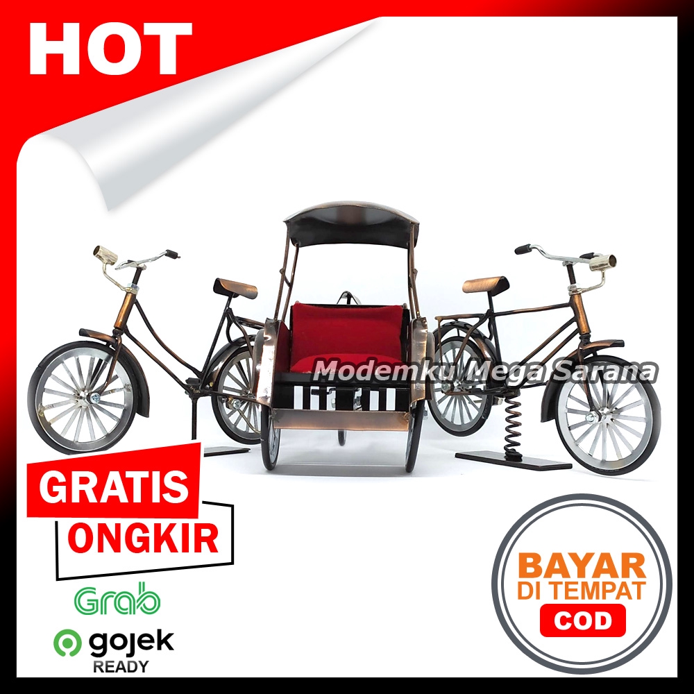 Paket isi 3 - Miniatur Becak &amp; Sepeda Ontel Logam Kawat Laki + Perempuan