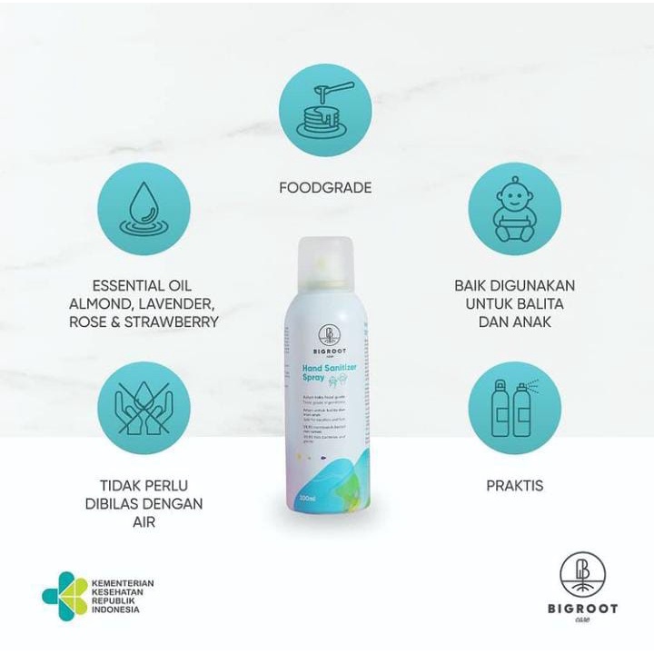 BIGROOT HAND SANITIZER SPRAY 100ML/200ML FOOD GRADE / hand sanitizer aman untuk bayi/anak/balita/dewasa /aman untuk kulit sensitif/ melembutkan tangan/ tanpa alkohol/ tanpa paraben