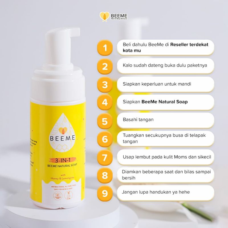 Beeme Natural Soap 3 in 1 with Honey &amp; Lemongrass 100ml | SKINCARE IBU DAN ANAK