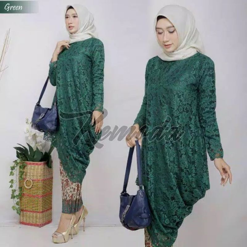 (Setelan Kebaya) kebaya Tunik Miring Brokat hijau