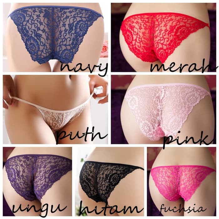 g string wanita thong sexy lingerie renda transparan C090   Putih