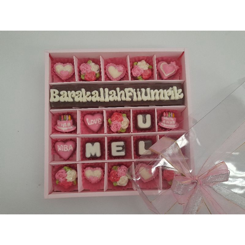 

Kado ulang tahun, anniversary, valentine cokelat huruf costum