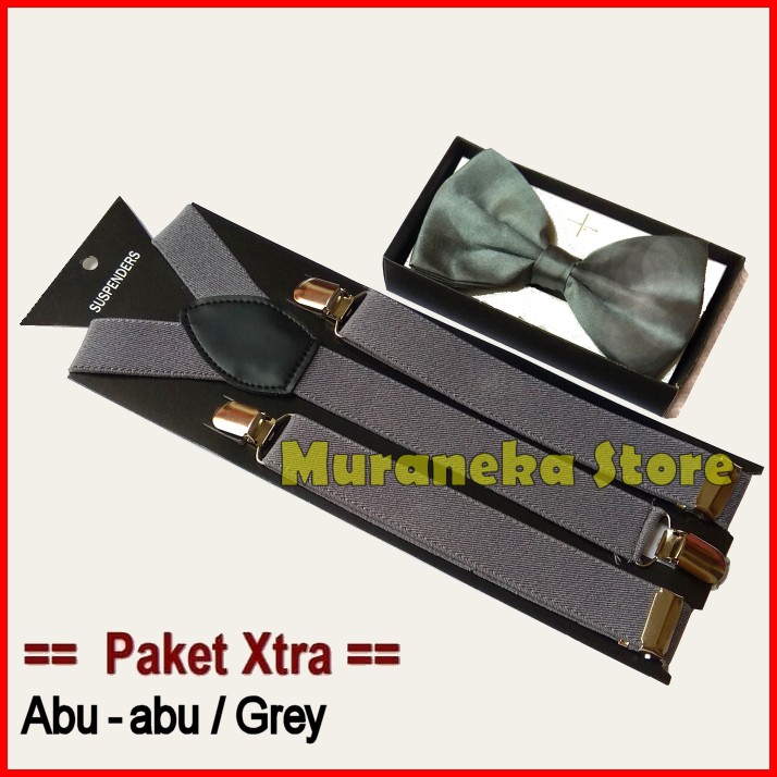 Paket XTRA ABU2 GREY Dasi Kupu Bretel Suspender Dewasa Polos Bowtie Tali Jojon Murah Pria Wanita Abu