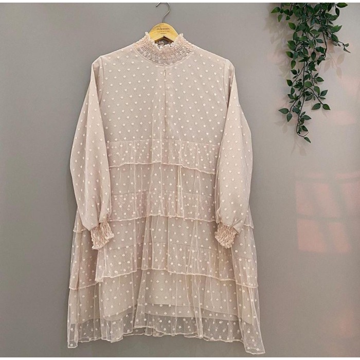 Baju Atasan Wanita | Iliana Blouse | Tile Dot Lapis Mosscrepe - Mocca