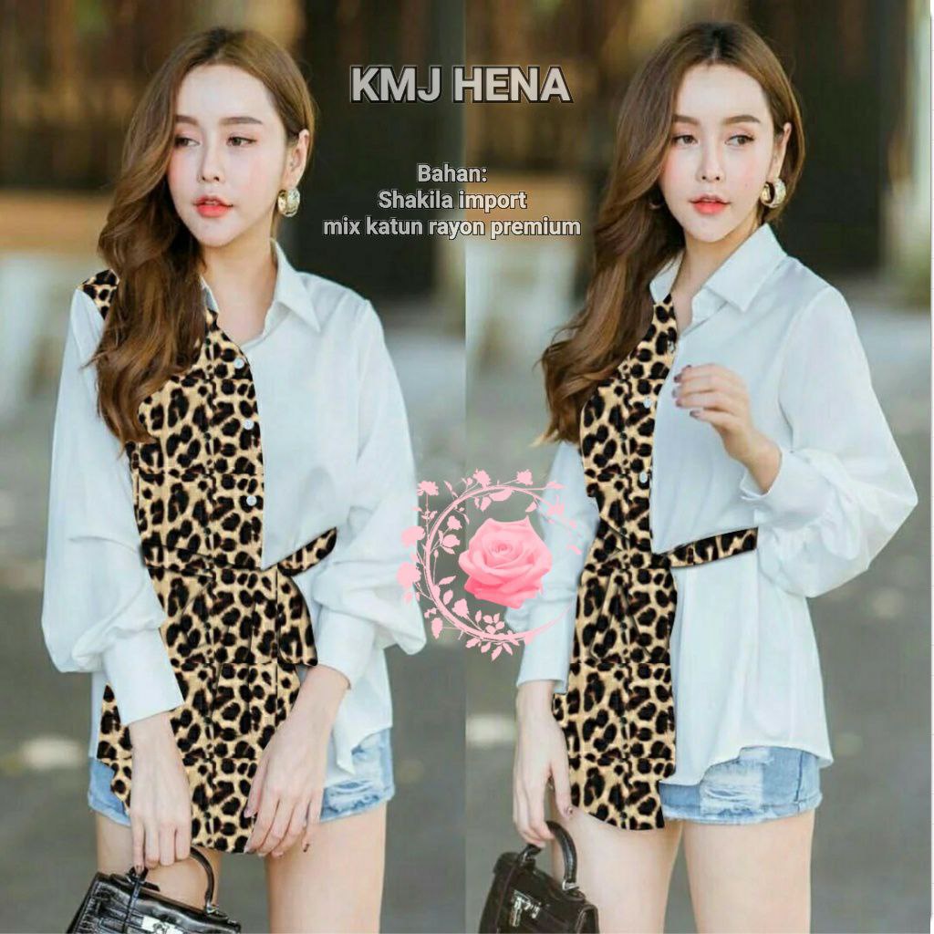 KEMEJA HNA FASHION WANITA KOMBINASI MOTIF TUTUL / MACAN / KASUAL / BAJU ATASAN PESTA