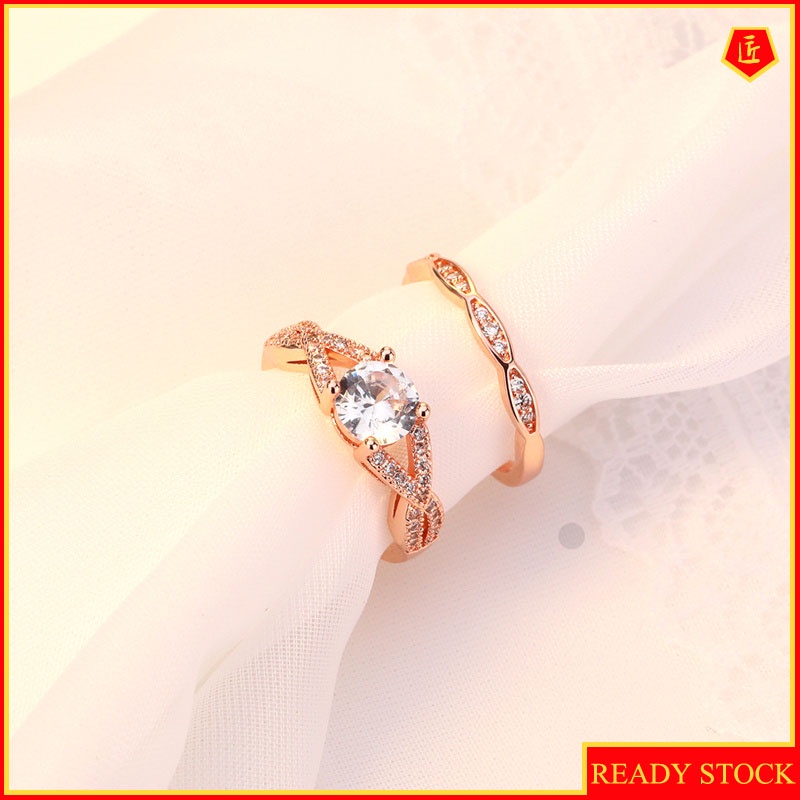 [Ready Stock]Simple Fashion Micro Inlaid with Diamond 14K Rose Gold Ring Set