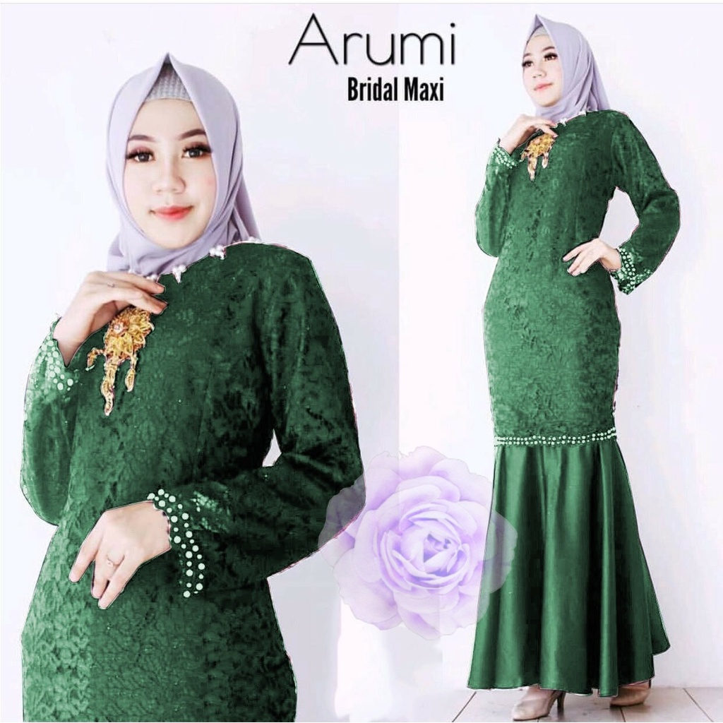 MAXI ARUMI  / MAXI DRESS BRUKAT APLIKASI MUTIARA / PAKAIAN PESTA WANITA / DRESS LEBARAN BRUKAT MUTIARA