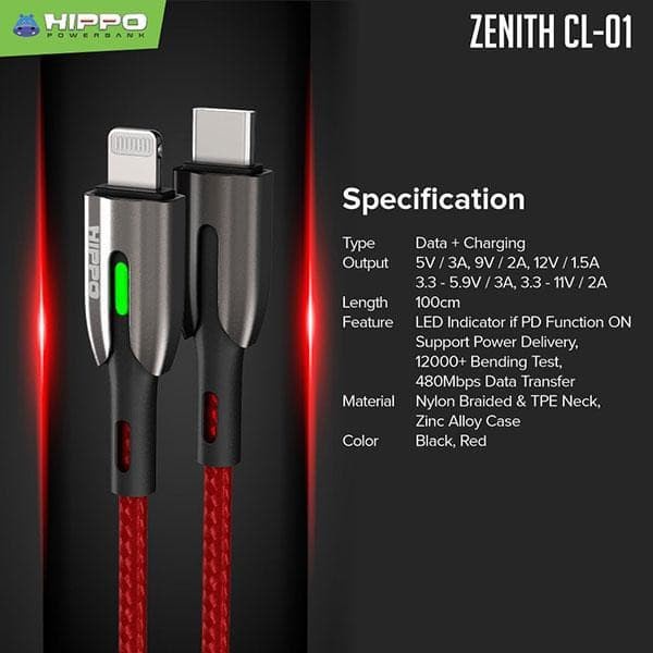 Hippo Zenith CL-01 Kabel Data TYPE C TO LIGHTNING 18W for Iphone X XS Max XR 11 Pro 12 Ip Cable