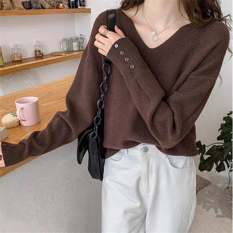 MOOGU ♡ Sweter rajutan lengan panjang v-neck wanita korea warna solid