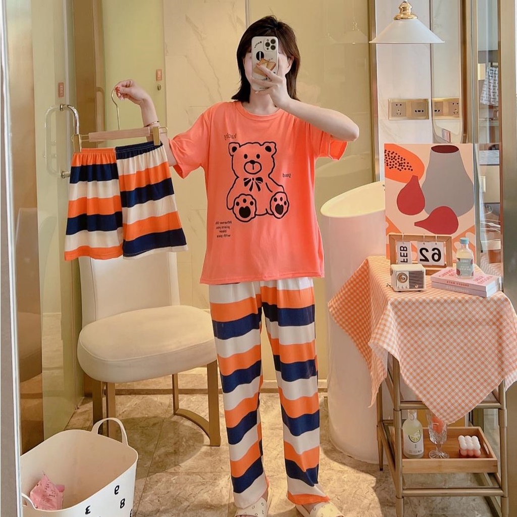 AJW Shop Piyama 3in1 | Piyama Import Dewasa | Setelan Wanita Kekinian | Baju Tidur Wanita Dewasa-Bear Oren