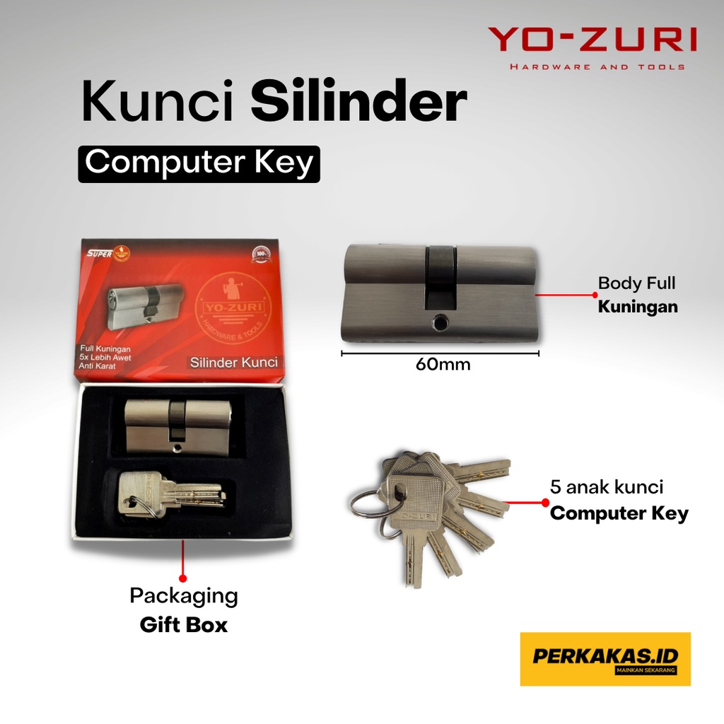 Silinder Kunci Pintu Rumah Besar Computer Key 5 Kunci 60mm YOZURI