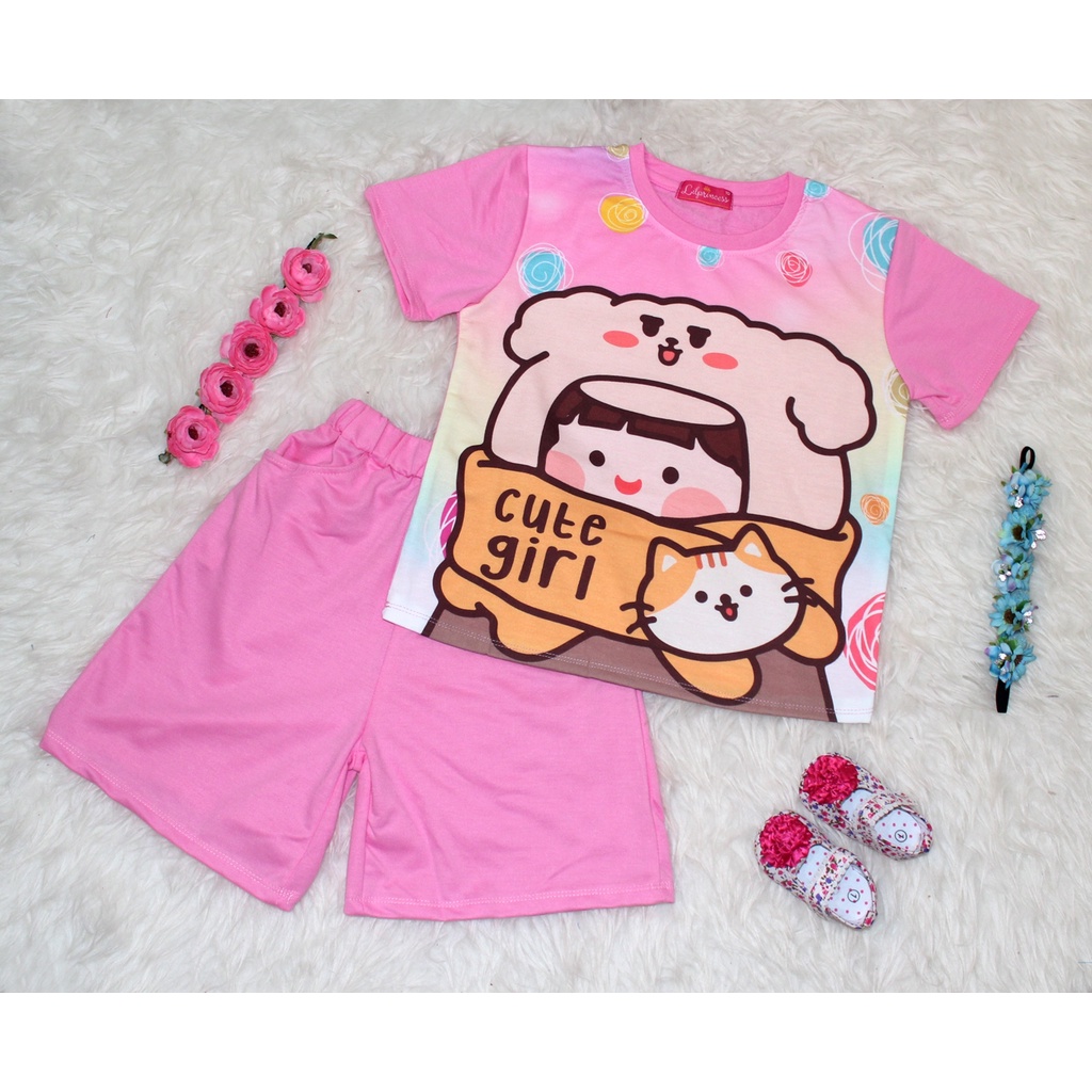 St Cute Girl 2in1/Setelan Anak Cewek/Kaos Anak Perempuan 7-9 Thn/Baju Dan Celana Murah Motif