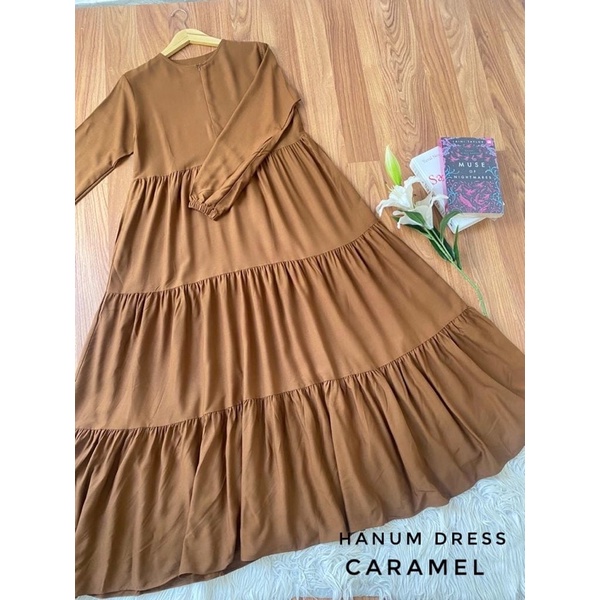 Hanum dress premium / dress polos / dress busui / gamis busui / dress rayon twill / dress hitam polos / BISACOD-CARAMEL