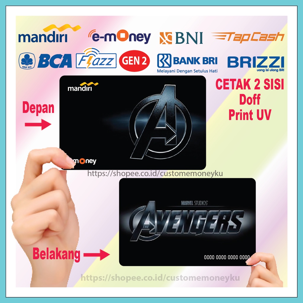 KARTU EMONEY DESIGN HURUF A LOGO AVENGERS ETOLL E-MONEY MANDIRI FLAZZ BCA GEN 2 TAPCASH BRIZZI - 2 SISI