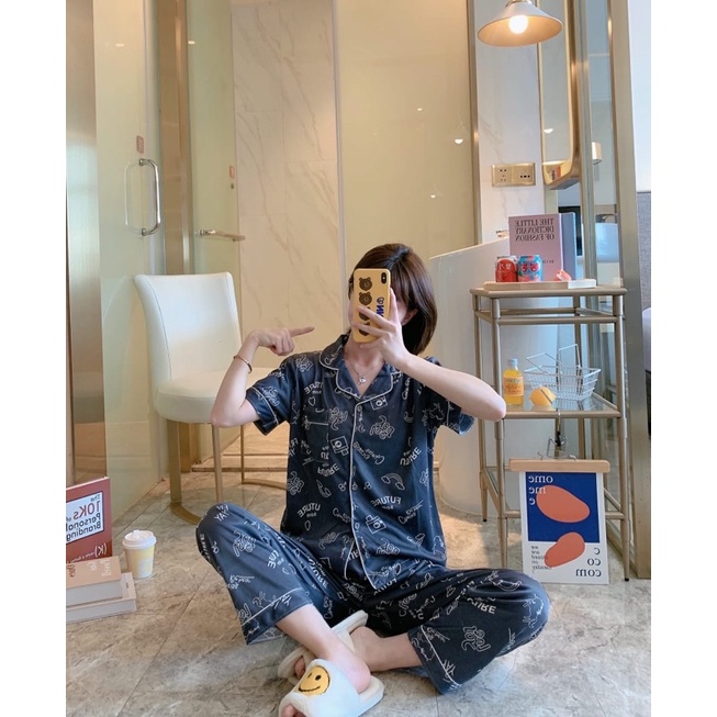 JC Piyama Set CP import / Piyama wanita CP / Piyama wanita Import murah-Future Black CP