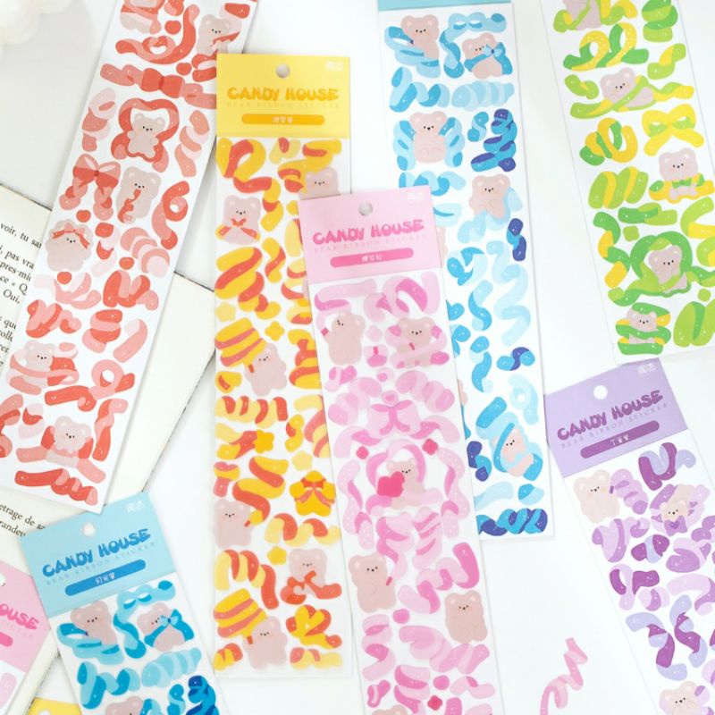 

[stuff.by.nez] 1 pcs Sticker confetti beruang stiker ribbon pita cute bear deco dekorasi toploader jurnal binder photocard journaling journal