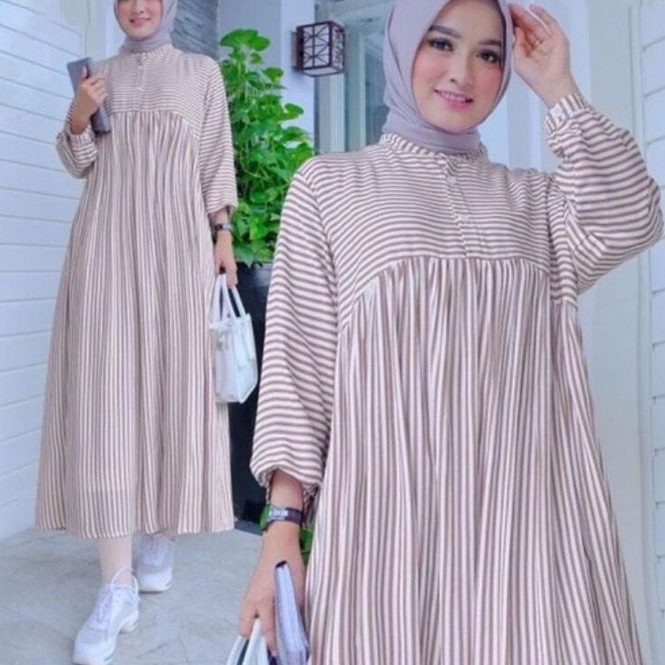 Terupdate DRESS MIDI MOTIF DRESS POLOS KATUN BAJU GANTUNG SEMI DRESS GARIS-GARIS OUTFIT STRIP WANITA